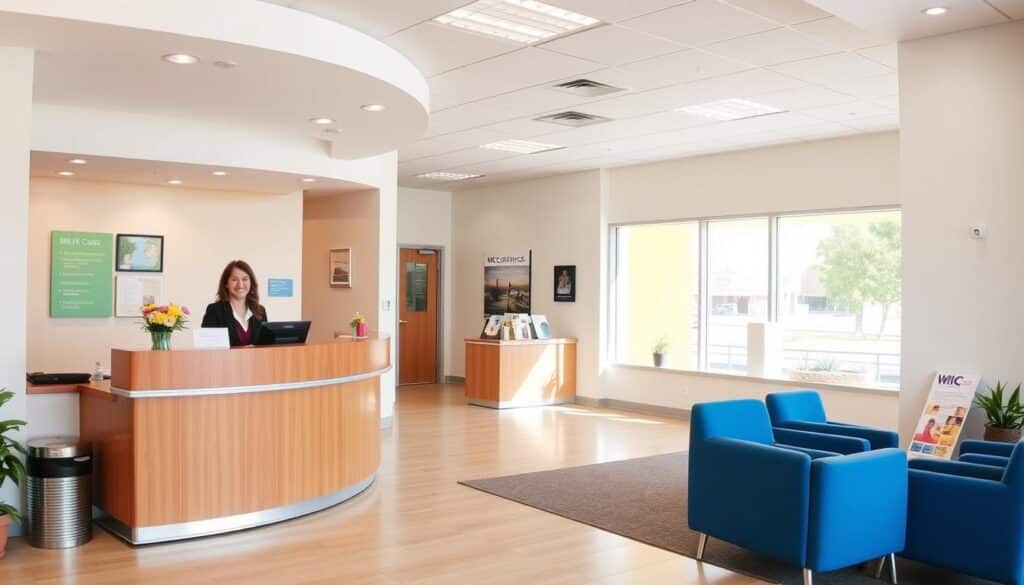 A bright, modern interior of a WIC (Women, Infants, and Children) office. The foreground features a welcoming reception desk with a warm, friendly staff member ready to assist visitors. The middle ground showcases a clean, organized waiting area with comfortable seating and informative brochures on WIC services. The background depicts a vibrant, well-lit space with large windows, allowing natural light to flood the room, creating a sense of openness and accessibility. The overall atmosphere conveys a professional yet approachable environment, inviting families to feel comfortable and confident in accessing the vital resources and support provided by the WIC program.