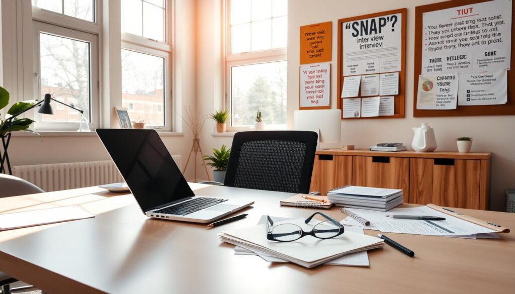 A bright, modern office setting with a well-organized desk featuring a laptop, notepad, and a pair of eyeglasses. On the desk, various documents and stationery items suggest preparations for an important interview. The walls are adorned with inspirational posters and a bulletin board filled with helpful tips and reminders. Natural light streams in through large windows, creating a warm and inviting atmosphere. The scene conveys a sense of professionalism, organization, and attention to detail - the perfect setting for a SNAP interview.