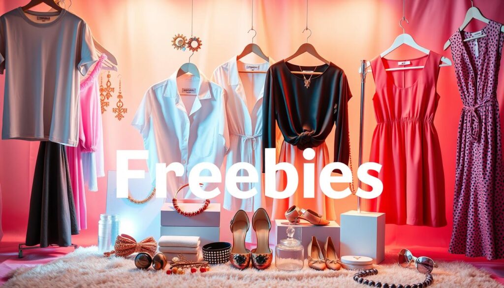A brightly lit, enticing display of various Shein clothing items, including shirts, dresses, and accessories, arranged in a visually appealing manner against a soft, pastel-colored background. The items appear to be free, suggesting an irresistible offer, with a sense of excitement and anticipation surrounding the scene. The lighting is warm and inviting, creating a sense of energy and allure. The composition is balanced, drawing the viewer's attention to the center of the frame, where the free clothing items are prominently featured. The overall mood is one of temptation and the promise of a great deal, capturing the essence of the "The Allure of Freebies in Online Shopping".