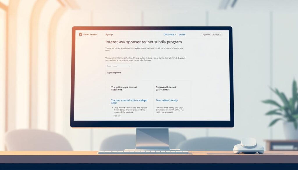 A clean, minimalist illustration of a desktop computer screen displaying an internet assistance program interface. The screen is bathed in a warm, soft light, creating a welcoming and accessible atmosphere. In the foreground, various icons and buttons represent features like sign-up, eligibility check, and application submission. The middle ground shows an intuitive dashboard with clear instructions and information about government-sponsored internet subsidy programs. The background depicts a blurred office setting, conveying a sense of professional support and reliable public services. The overall composition emphasizes the user-friendly and empowering nature of this federal initiative to provide affordable internet access.