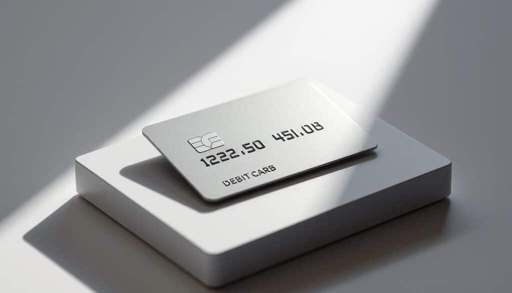A clean, modern debit card sits atop a sleek, minimalist surface, with a sharp focus on the card's details - the geometric patterns, the embossed numbers, and the subtle branding. The lighting is crisp and directional, casting subtle shadows that add depth and dimensionality to the scene. The background is a soft, muted gradient, drawing the viewer's attention to the central subject. The overall mood is one of simplicity, efficiency, and the practical functionality of debit card usage, reflecting the "Fees Associated with Debit Cards" section of the article.