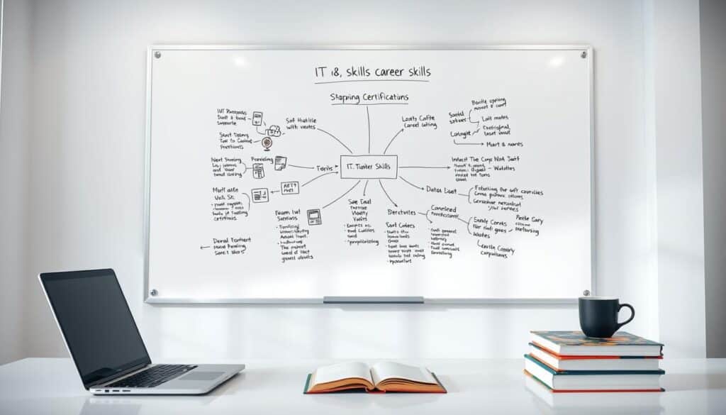 A clean, well-lit office setting with a large whiteboard on the wall. On the whiteboard, a mind map-style diagram illustrates the required skills for the IT, data, and cybersecurity career paths, including technical proficiencies, soft skills, and industry certifications. The diagram is organized and color-coded, with icons and visual elements to enhance understanding. In the foreground, a laptop, a stack of books, and a mug of coffee suggest a learning and planning environment. The scene has a professional, aspirational tone, conveying the preparation and dedication needed to succeed in these in-demand tech careers.