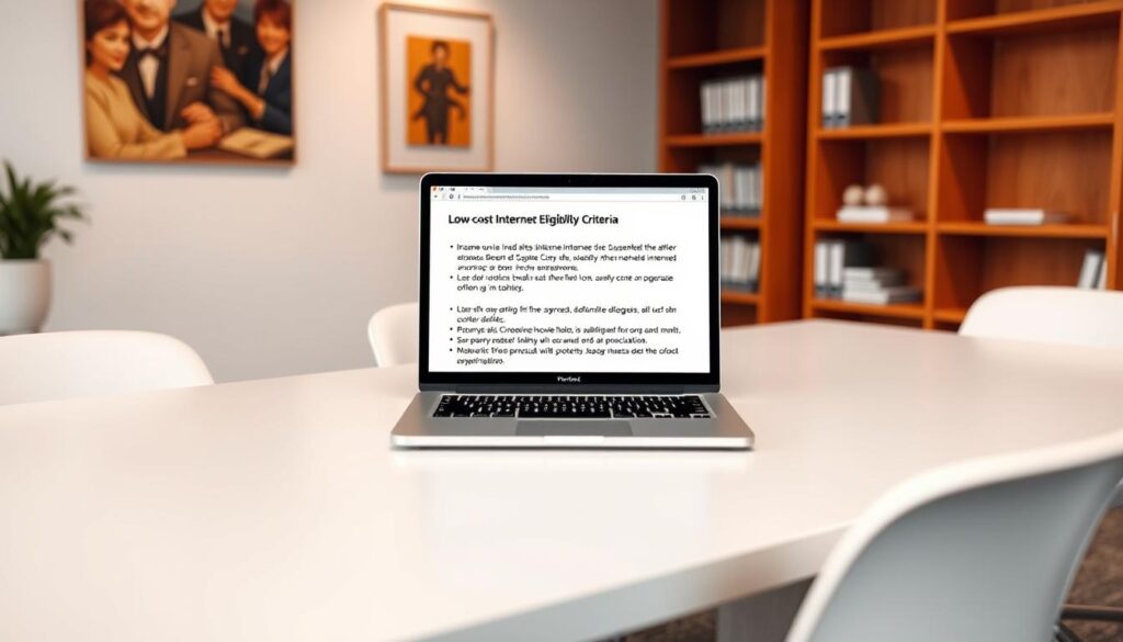 A clean, well-lit office setting with a minimalist desk and chairs. On the desk, a laptop displaying a web page with information about low-cost internet eligibility criteria, such as income thresholds, household size, and participation in government assistance programs. In the background, warm-toned wall art and shelves with relevant books and documents. The scene conveys a sense of professionalism, accessibility, and attention to detail, reflecting the informative nature of the article's subject matter.
