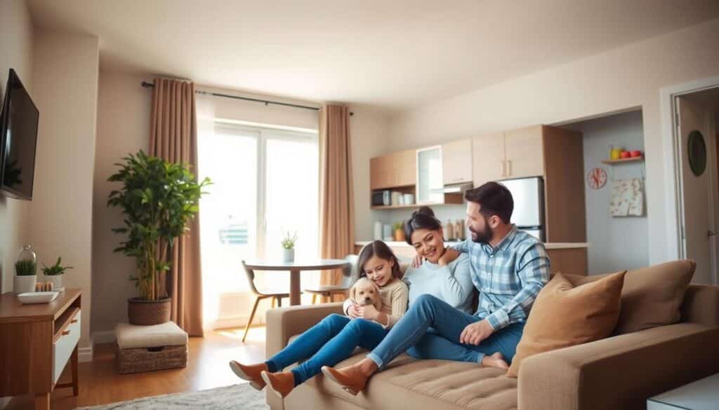 A cozy apartment interior with a welcoming atmosphere, showcasing the benefits of the Section 8 Housing Choice Voucher program. In the foreground, a family of three - a parent, child, and pet - sit comfortably on a plush sofa, surrounded by modern yet warm furnishings. The middle ground features a neatly organized kitchen, with clean countertops and well-stocked cabinets, reflecting the program's emphasis on quality housing. The background depicts a large window, allowing ample natural light to flood the space and create a sense of openness and tranquility. The overall scene conveys a feeling of security, stability, and the opportunity for families to thrive within the framework of the Section 8 program.