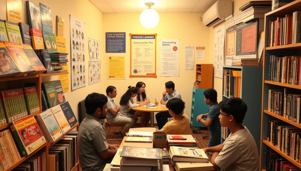 A cozy corner of a community learning center, with a vibrant display of English learning resources. In the foreground, neatly organized shelves hold textbooks, dictionaries, and language learning materials. Colorful posters and infographics adorn the walls, showcasing English pronunciation tips and conversation starters. In the middle ground, a group of diverse learners sit around a table, engaged in a lively discussion, supported by a friendly instructor. Soft, warm lighting creates a welcoming atmosphere, inviting passers-by to explore the resources and join the learning community.