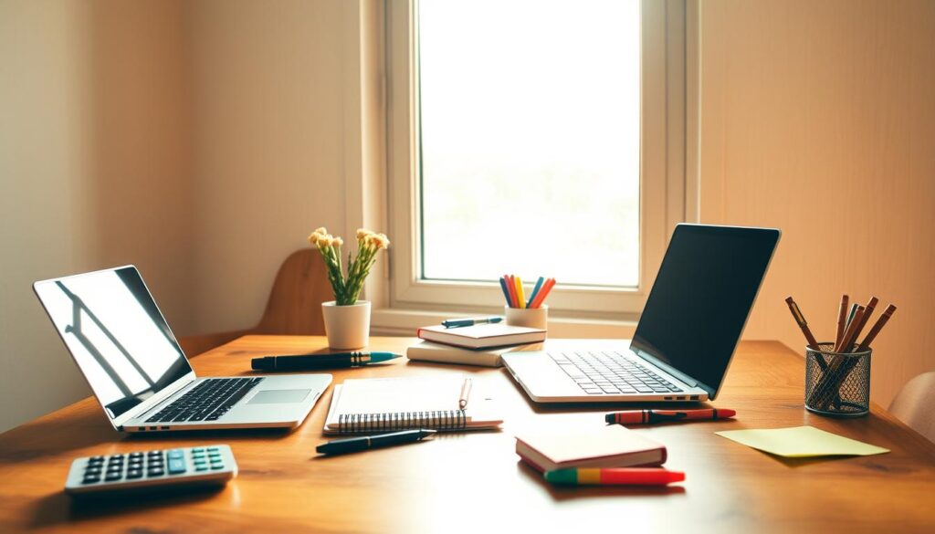 A cozy home office setup with a wooden desk, a laptop, a planner, a calculator, and an assortment of stationery items like pens, highlighters, and sticky notes. The scene is bathed in warm, natural lighting from a large window, casting a soft glow on the workspace. The background features a minimalist, whitewashed wall, creating a clean and organized environment. The overall mood is one of focus, productivity, and financial well-being, perfectly suited for the "Creating a Realistic Budgeting Plan" section of the article.