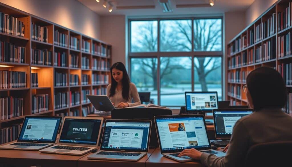 A cozy library interior with modern digital workstations. In the foreground, a librarian assists a patron navigating online professional development courses. Bookshelves line the walls, casting a warm, focused glow. Subtle chromatic lighting accents the space, creating an inviting and productive atmosphere. The middle ground features a selection of laptops and tablets displaying a variety of digital learning platforms, including Coursera, LinkedIn Learning, and other educational resources. In the background, a large window overlooks a tranquil outdoor scene, blending the digital and physical realms. An air of intellectual curiosity and lifelong learning permeates the space.