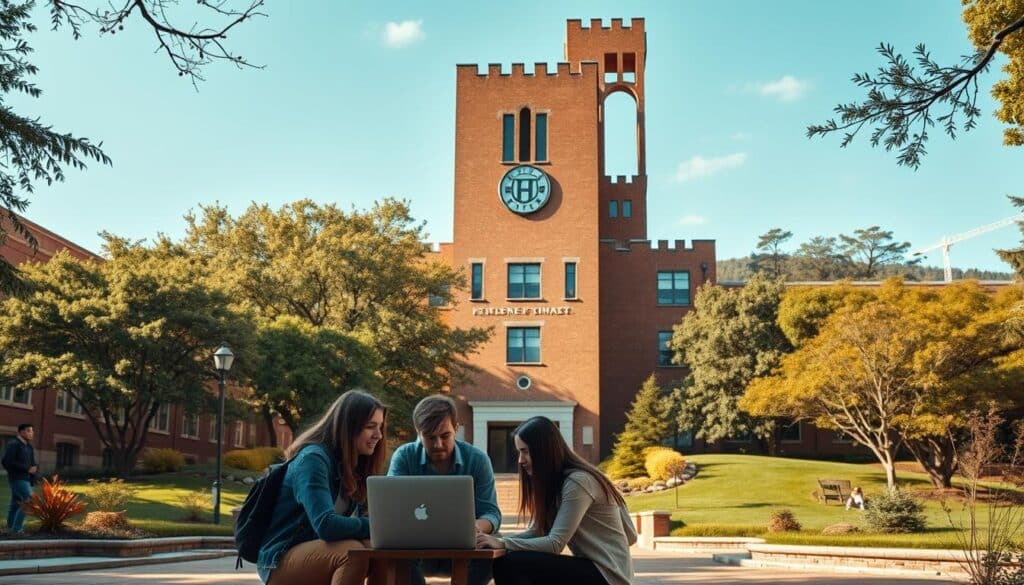 A cozy university campus setting, with students engrossed in their studies at an outdoor courtyard. In the foreground, a group of young adults huddle around a laptop, discussing course options. The middle ground features a towering brick building with a prominent university logo, denoting the availability of free business and finance courses. The background showcases a lush, tree-lined landscape, conveying a sense of tranquility and intellectual atmosphere. Warm, natural lighting bathes the scene, creating a welcoming and inviting ambiance. The overall composition suggests the challenges of navigating the abundance of free course offerings, as the students carefully consider their options amidst the rich academic environment.