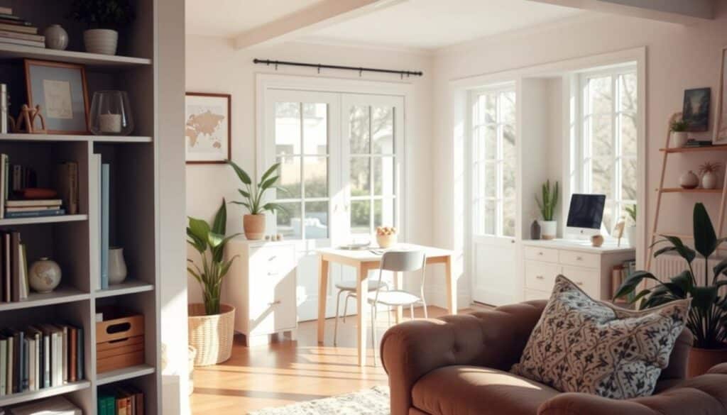 A cozy, well-organized home interior showcasing simple yet effective frugal living tips. In the foreground, a neatly arranged bookshelf displays DIY home decor items and personal mementos. The middle ground features a minimalist dining table set for a modest meal, with natural lighting filtering through large windows. In the background, a serene home office space demonstrates efficient workspace organization. The overall atmosphere conveys a sense of mindful, budget-conscious living without sacrificing comfort or style. Soft, warm tones and natural textures create a welcoming, tranquil ambiance.