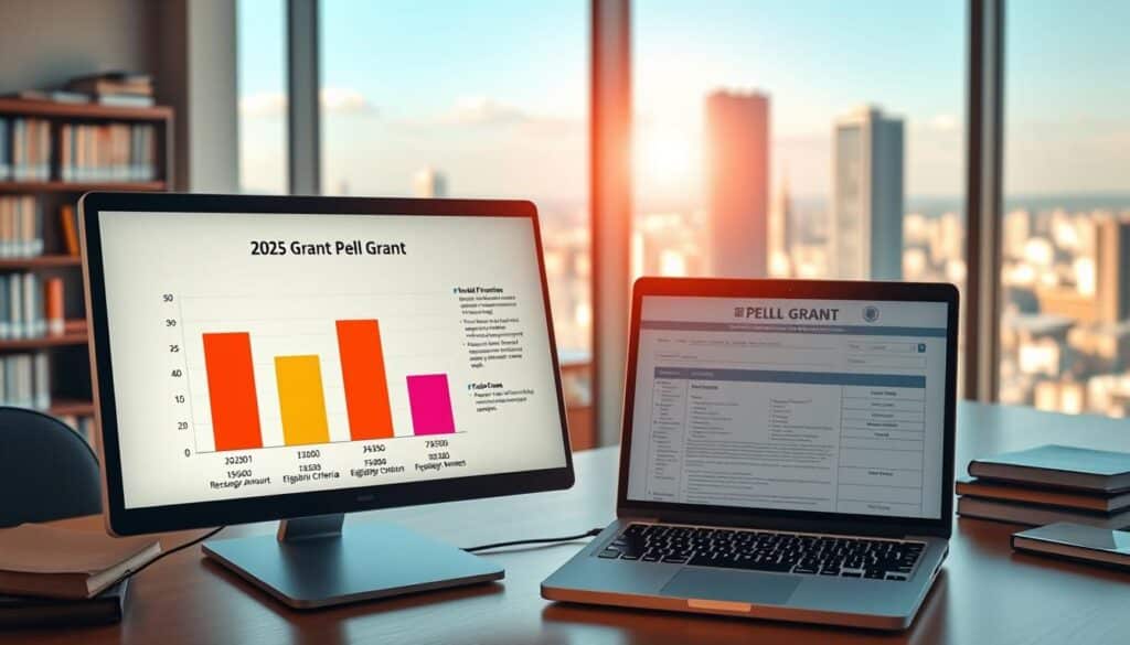A desktop computer displaying a detailed infographic on the Pell Grant program for 2025. The foreground shows a vibrant bar chart comparing Pell Grant award amounts, with text highlighting key eligibility criteria and FAFSA steps. The middle ground features an open laptop showcasing a Pell Grant application form, bathed in warm, focused lighting. The background depicts a serene office setting, with shelves of reference books and a large window overlooking a scenic cityscape. The overall atmosphere conveys a sense of informative clarity and financial empowerment.