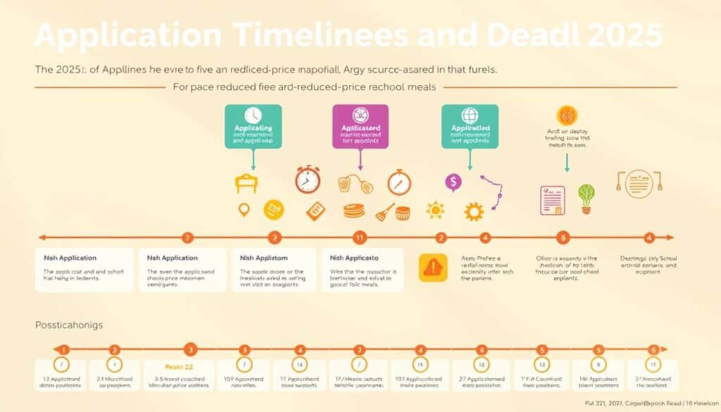 A detailed infographic depicting "Application Timelines and Deadlines for 2025" in a clean, organized layout. The foreground showcases a series of neatly aligned timeline icons, each representing a distinct step in the application process for free and reduced-price school meals. The middle ground features an array of relevant, vibrant illustrations such as clocks, calendars, and documents, all bathed in warm, natural lighting. The background subtly incorporates a soft, gradient pattern that complements the overall color palette, creating a visually harmonious and informative composition.