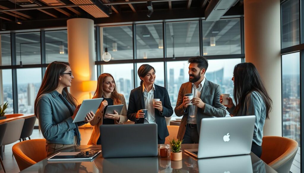 A dynamic group of tech professionals engages in lively discussion, laptops and coffee cups in hand, against a backdrop of a sleek, modern office space. Warm lighting casts a cozy glow, while large windows offer a panoramic view of a bustling city skyline. The scene captures the energy and collaboration inherent in the tech industry, as the individuals network, share ideas, and build connections that could lead to new opportunities and career growth.