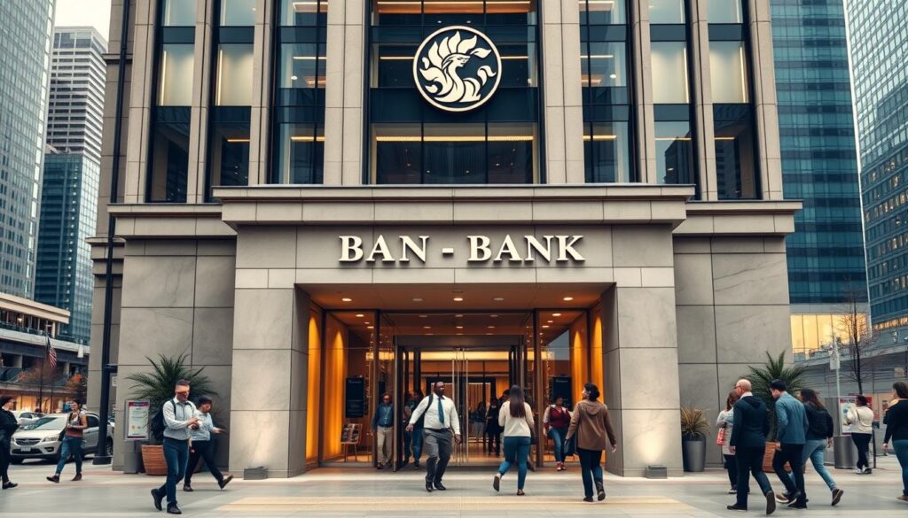 A grand, modern bank building set against a backdrop of a bustling cityscape. The building's facade features clean lines, gleaming glass, and a prominent logo symbolizing reliability and trust. In the foreground, a diverse group of people enter the bank's welcoming lobby, conveying a sense of inclusivity and accessibility. Warm, diffused lighting creates a professional yet inviting atmosphere, while the composition emphasizes the bank's position as a prominent financial institution in the heart of the city. The scene exudes an aura of stability, expertise, and customer-centric service - key attributes for a bank catering to the needs of newcomers to the U.S. financial system.