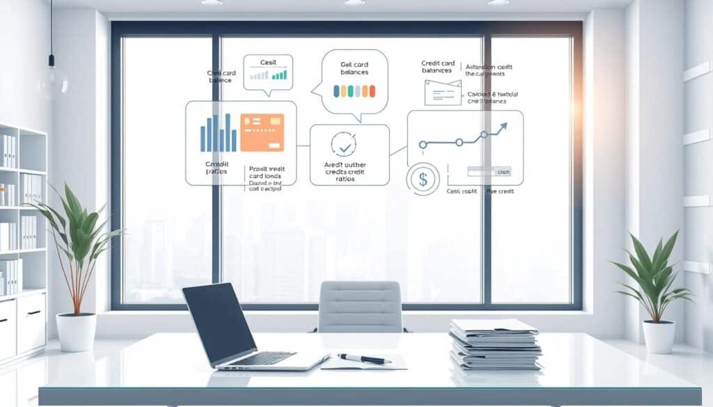 A high-quality, detailed illustration of "credit utilization definition" with a clean, minimalist aesthetic. Set in a well-lit, modern office space with a large window overlooking a cityscape in the background. In the foreground, a sleek, glass-topped desk with a laptop, a stack of documents, and a pen. Hovering above the desk, a series of infographic-style graphics depicting credit utilization concepts like credit card balances, credit limits, and debt-to-credit ratios. The overall mood is one of clarity, organization, and financial control.