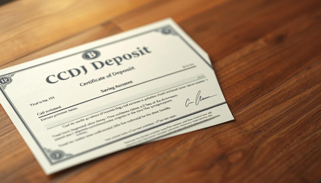 A high-resolution, detailed, and photorealistic image of a certificate of deposit (CD) document. The CD is placed on a wooden surface, with a soft, warm light illuminating the document. The background is slightly blurred, creating a focus on the certificate. The CD has a classic, formal design with a prominent bank logo, security features, and detailed text outlining the terms and conditions. The image conveys a sense of financial security, stability, and professionalism, suitable for illustrating a section on CDs in an article about savings vehicles.
