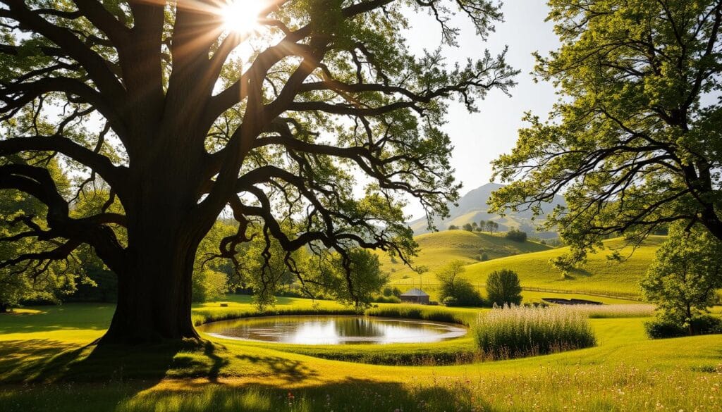 A lush, verdant landscape with a towering oak tree in the foreground, its branches reaching skyward. Sunlight filters through the leaves, casting a warm, golden glow on the scene. In the middle ground, a serene pond reflects the tranquil surroundings, its still waters a mirror of the sky above. In the background, rolling hills dotted with wildflowers stretch out, hinting at the boundless potential for growth and prosperity. The composition is balanced and harmonious, conveying a sense of peace and abundance, with the oak tree as a symbol of the tax-free growth and long-term wealth that a Roth IRA can provide.