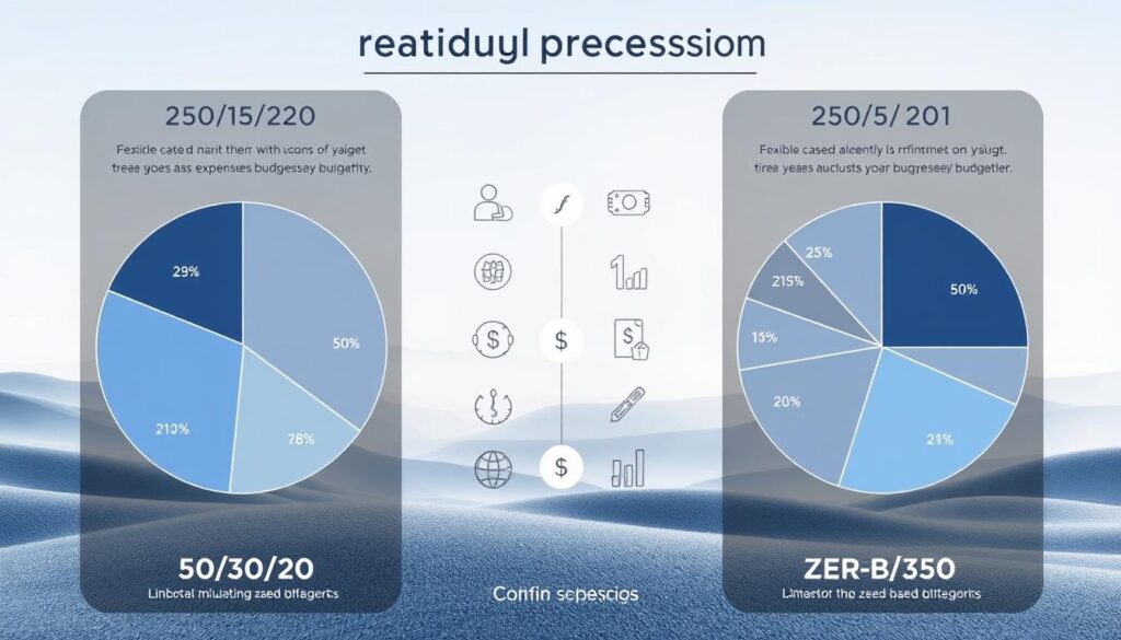 A meticulously designed infographic showcasing the allocation of expenses in a 50/30/20 and zero-based budgeting approach. The foreground depicts two side-by-side pie charts, one for each budgeting method, with clear delineation of the 50/30/20 percentages and the flexible zero-based categories. The middle ground features elegant graphical elements, such as financial icons and stylized currency symbols, to emphasize the financial nature of the subject. The background is a serene, minimalist landscape with soft, diffused lighting, creating a sense of balance and focus on the central visualizations. The overall mood is one of clarity, organization, and informed financial decision-making.