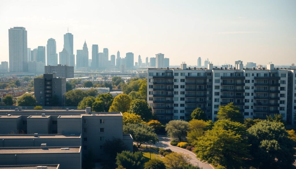 A modern cityscape with two distinct housing complexes side by side. In the foreground, a low-rise public housing development with simple, uniform architecture and modest landscaping. In the middle ground, a higher-density apartment complex with a mix of architectural styles, private balconies, and well-manicured green spaces - representing a housing voucher community. The background features a skyline of gleaming skyscrapers, hinting at the economic contrast. Diffused natural lighting casts long shadows, creating a sense of scale and depth. The scene conveys the coexistence and disparities between these two housing models in the year 2025.