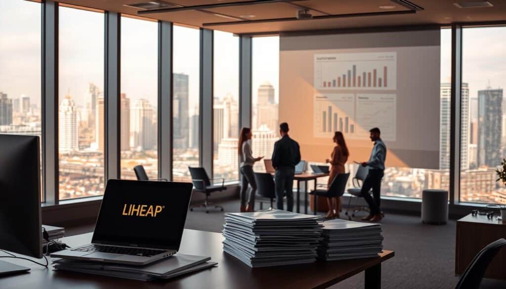 A modern office interior with floor-to-ceiling windows overlooking a bustling city skyline. In the foreground, a desk features a laptop, stacks of documents, and a sleek monitor displaying the LIHEAP logo. The middle ground showcases a team of professionals engaged in discussions, with charts and data visualizations projected on the wall behind them. The background is bathed in warm, natural lighting, conveying a sense of productivity and progress. The overall atmosphere is one of innovation and forward-thinking, reflecting the advancements in utility assistance programs for the year 2025.