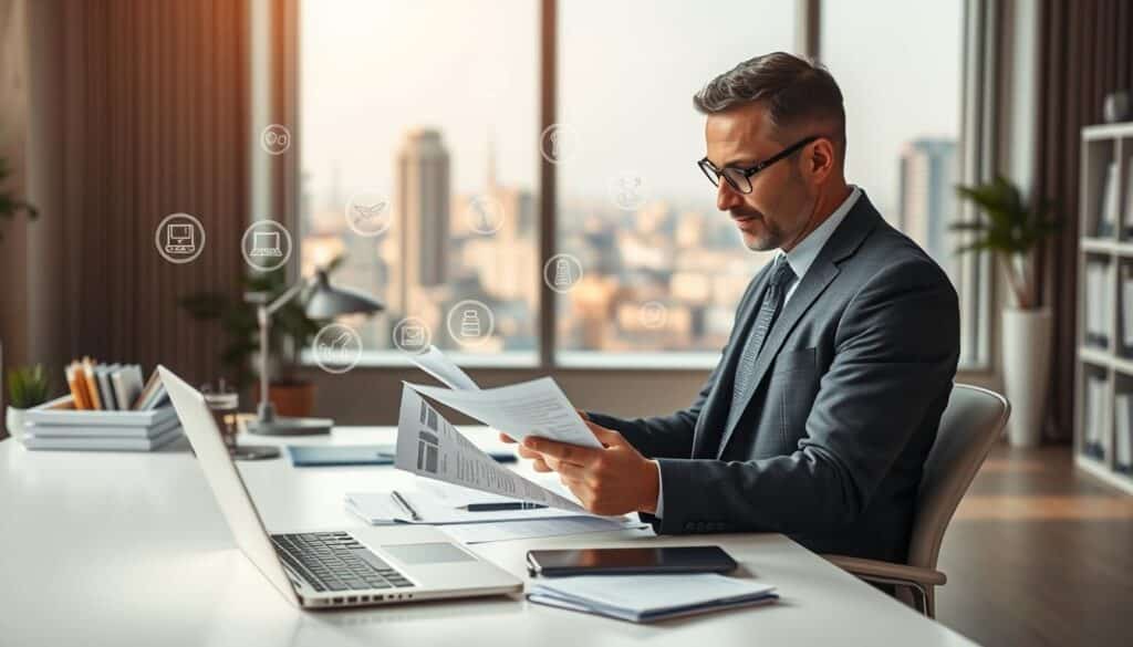 A modern office setting with a white desk, a laptop, and various office supplies. In the foreground, an expert-looking individual in a suit examines documents related to Shein and its free trial offers. The middle ground features subtly floating icons and information visualizations highlighting common myths about Shein's free trials. The background has a soft, blurred cityscape visible through a large window, conveying a sense of authority and professionalism. The lighting is warm and natural, creating a thoughtful, analytical atmosphere.