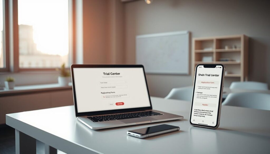 A modern office space with a large desk, a laptop, and a smartphone prominently displayed. The desk is meticulously organized, with a clean and minimalist aesthetic. Soft, natural lighting filters in through a large window, casting a warm glow on the scene. The laptop screen displays the Shein website, specifically the "Trial Center" section, with the application form visible. The smartphone shows a step-by-step guide on how to fill out the form. The overall atmosphere is one of productivity and efficiency, inviting the viewer to engage with the process of applying to the Shein Trial Center.