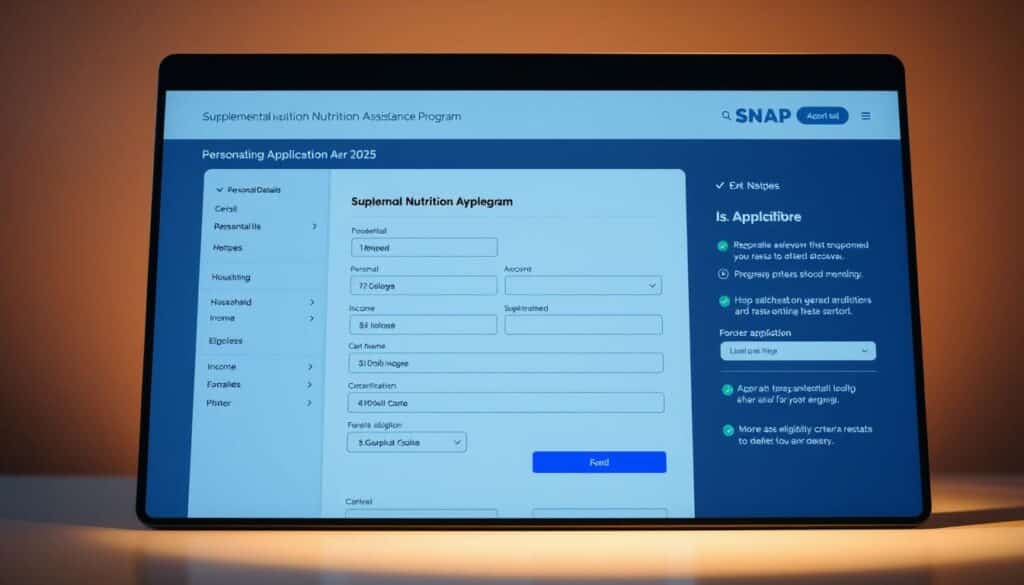 A modern web-based application form for the Supplemental Nutrition Assistance Program (SNAP) in 2025. The foreground depicts a clean, minimalist interface with intuitive navigation and sections for personal details, household information, income, and eligibility criteria. The middle ground showcases interactive elements like drop-down menus, sliders, and checkboxes to facilitate a smooth application process. The background features a subtle, warm-toned gradient that conveys a sense of reassurance and reliability. Soft lighting illuminates the screen, creating a welcoming atmosphere. The overall composition suggests a user-friendly, efficient, and accessible SNAP application system designed to empower eligible individuals and families.