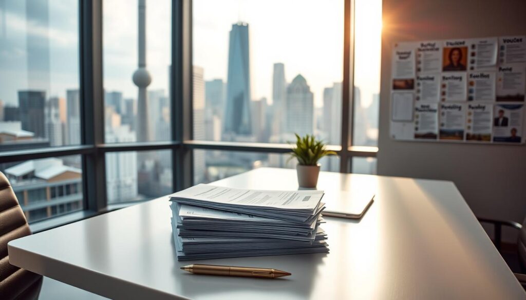 A modern, well-lit office space with a large window overlooking a bustling city skyline. On a sleek, minimalist desk, a stack of rental voucher documents is neatly organized, surrounded by a laptop, a pen, and a small potted plant. The lighting is soft and warm, creating a professional yet inviting atmosphere. In the background, a bulletin board displays various housing-related information and resources. The overall scene conveys the efficient and supportive nature of rental voucher programs, ready to assist individuals in finding suitable accommodations.