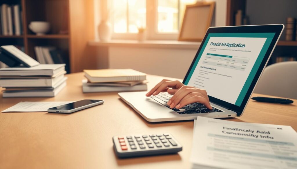 A neatly organized desktop scene with an open laptop, a smartphone, and various financial documents. Warm, natural lighting filters through a window, casting a soft glow on the scene. In the foreground, a student's hands fill out an online financial aid application form on the laptop screen. Subtly placed in the middle ground, a stack of papers labeled "Scholarship Info" and a calculator symbolize the process of researching and calculating financial assistance options. The background features a bookshelf with textbooks and a framed diploma, conveying the educational context. The overall mood is one of focus, diligence, and a sense of progress towards securing financial aid for online learning.
