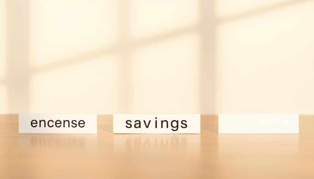 A neatly organized table with crisp labels showcasing key financial terms like "budget", "expense", "income", "savings", "investment" against a clean, minimalist background. The table is illuminated by warm, natural lighting, casting soft shadows to create depth and dimension. The overall aesthetic is modern, professional, and inviting, guiding the viewer's attention to the core financial vocabulary at the heart of effective money management.