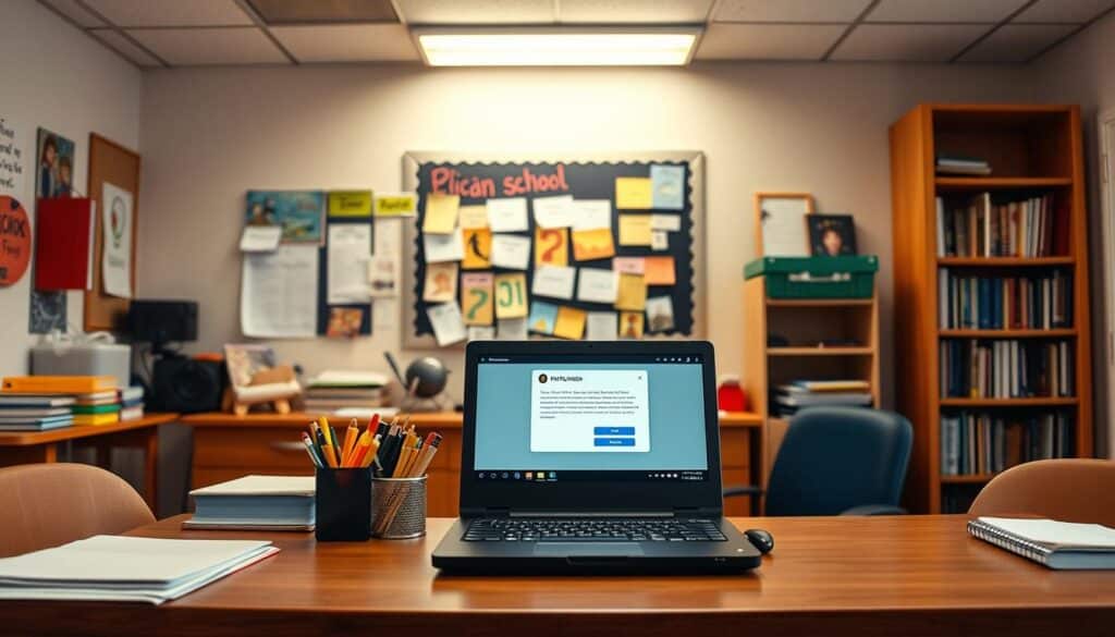 A school office with a warm, welcoming atmosphere. In the foreground, a wooden desk with a well-organized array of school supplies and a laptop displaying a notification window. The middle ground features a bulletin board covered in student artwork and colorful announcements. Ambient lighting casts a soft, inviting glow, and the background showcases a bookshelf filled with educational resources. The overall scene conveys a sense of professionalism and attention to detail, reflecting the importance of communicating eligibility for school meal programs to families.