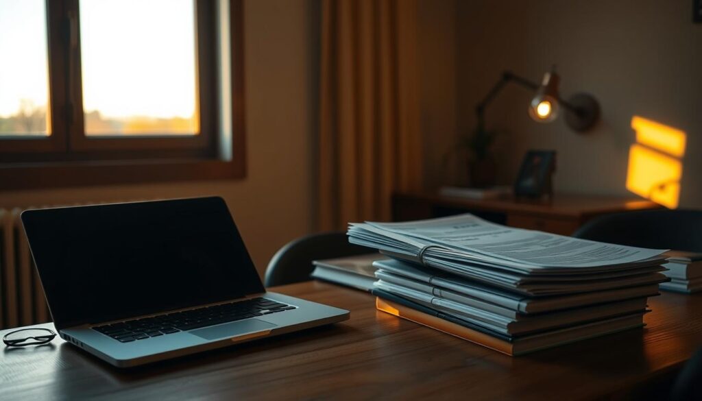 A serene, dimly lit study space with a laptop, textbooks, and a stack of student loan paperwork on a wooden desk. Soft, warm lighting casts a cozy glow, creating an atmosphere of focused contemplation. In the background, a large window overlooks a tranquil outdoor scene, hinting at the balance between academic work and personal life. The composition emphasizes the juxtaposition of technology, traditional learning materials, and the financial documents that enable online education, capturing the essence of "Student Loans for Online Education".