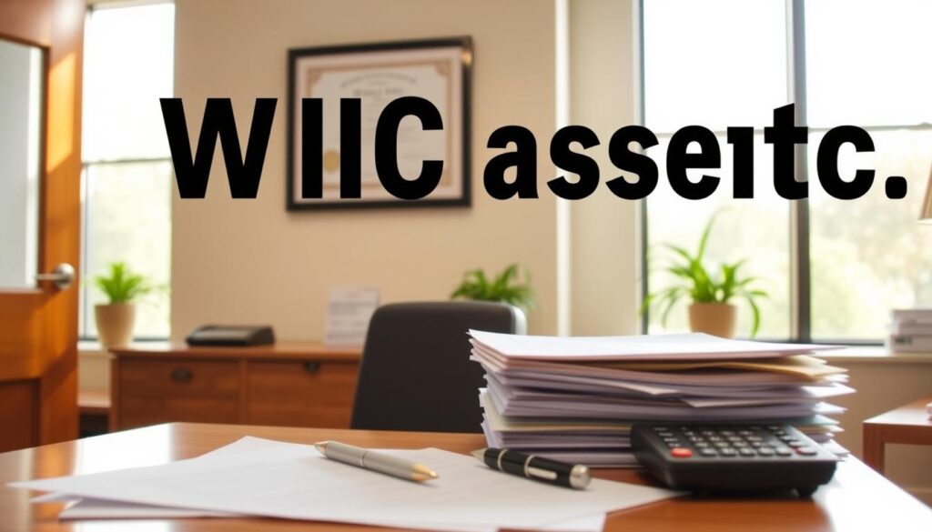 A serene office interior with natural lighting flooding through large windows. On the desk, a stack of official-looking documents alongside a calculator and pen. The wall behind the desk displays a framed certificate, signifying the duration of WIC benefits. The space has a professional yet warm atmosphere, conveying the importance and reliability of the WIC program. The camera angle is slightly elevated, providing a sense of authority and legitimacy. The overall scene evokes a reassuring and informative ambiance suitable for explaining the longevity of WIC assistance.