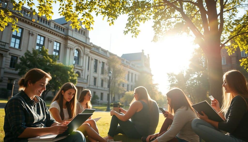 A serene, sun-dappled campus setting, with stately university buildings in the background. In the foreground, a group of students engrossed in studying finance and business course materials on their laptops, tablets, and textbooks. The lighting is soft and natural, creating a warm, inviting atmosphere. The scene conveys a sense of focused, productive learning, with the university's logo subtly visible on the buildings. The overall composition suggests the accessibility and quality of the free business and finance courses offered by the institution.