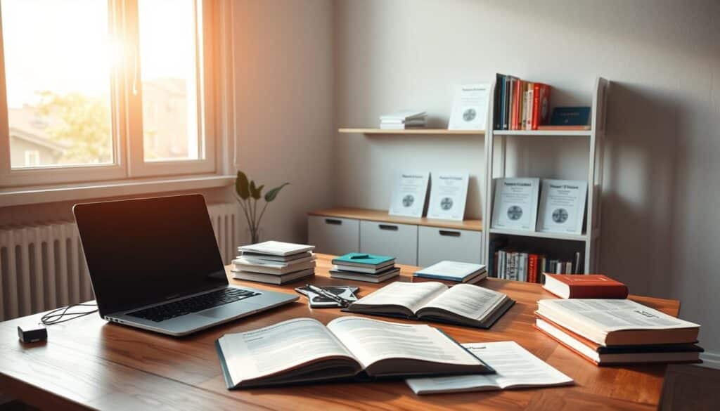 A serene workspace with a laptop, open textbooks, and various learning materials scattered across a simple wooden desk. A large window floods the room with warm, diffused natural light, casting soft shadows. In the background, a minimalist bookshelf holds programming guides and online course certificates, symbolizing the journey from beginner to proficient. The overall atmosphere exudes a sense of focused self-study, with the learner's dedication and passion for coding courses palpable. The scene conveys the idea of building a personalized learning path towards tech proficiency.