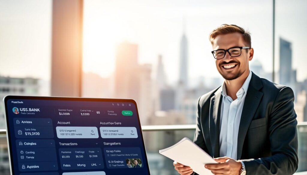 A sleek and modern U.S. bank account for non-residents, rendered in a clean, minimalist style. The foreground features a crisp, high-contrast user interface showcasing account balances, transaction history, and various banking services. The mid-ground depicts a professional banker in a tailored suit, guiding a non-resident customer through the account setup process with a warm, welcoming expression. The background is a softly blurred cityscape, hinting at the global nature of the banking experience. The lighting is natural, with directional sunlight casting subtle shadows and highlights to create depth and atmosphere. The overall tone is one of efficiency, security, and international accessibility, reflecting the needs of a non-resident opening their first U.S. bank account.