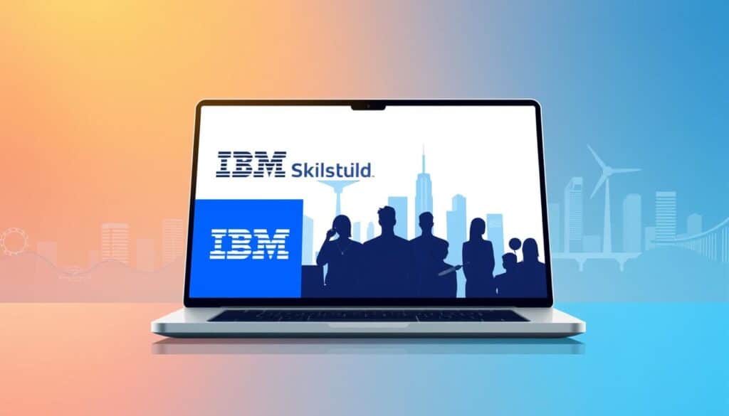 A sleek and modern illustration of the IBM SkillsBuild platform. In the foreground, a laptop screen displays the SkillsBuild logo, its bold blue and white design standing out against a clean, minimalist background. The middle ground features a group of stylized human figures, each representing the diverse range of learners engaged in the program. In the background, a cityscape of towering skyscrapers and technology hubs, symbolizing the real-world career opportunities enabled by the SkillsBuild certification. The scene is bathed in a warm, ambient lighting, conveying a sense of professionalism, opportunity, and personal growth.