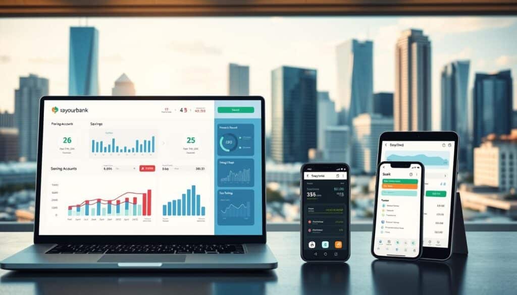 A sleek, modern banking interface with a focus on online savings accounts. In the foreground, a laptop screen displays a clean, minimalist dashboard with interactive graphs and charts tracking account balances and interest rates. The middle ground features various mobile devices - smartphones and tablets - showcasing banking apps with seamless user experiences. In the background, a cityscape of skyscrapers and financial institutions suggests the digital transformation of the banking industry. The scene is bathed in warm, natural lighting, conveying a sense of trust, reliability, and financial security. The overall mood is one of technological sophistication and accessibility, reflecting the advantages of online banking over traditional brick-and-mortar institutions.