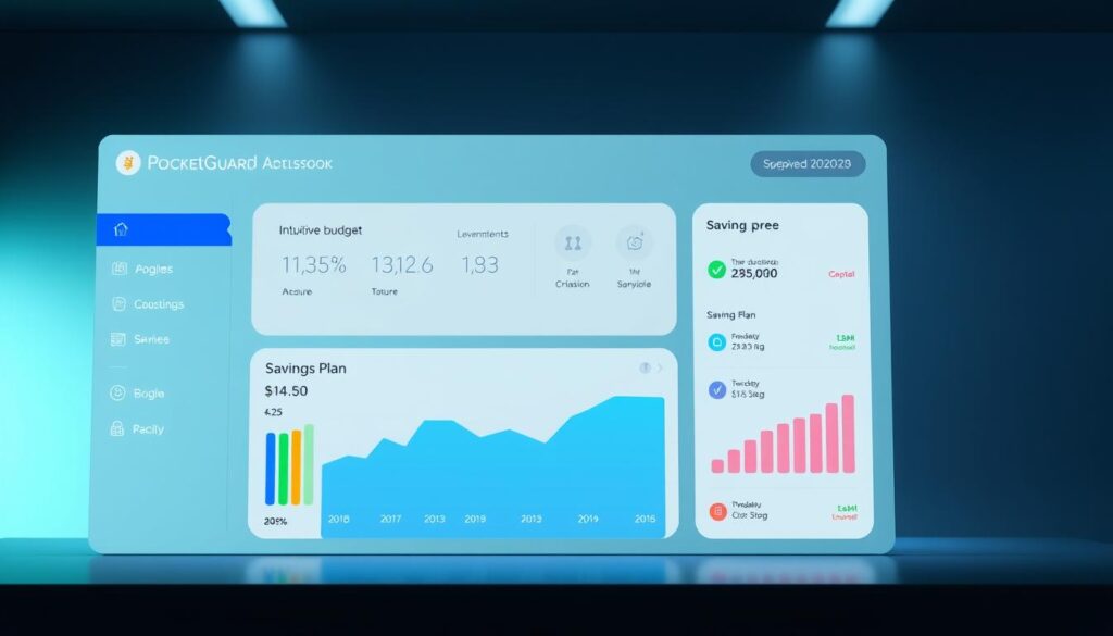 A sleek, modern dashboard interface showcasing the key features of PocketGuard's 2025 version. In the foreground, a clean, minimalist display highlights the app's intuitive budgeting tools, with crisp icons and easy-to-read charts. The middle ground features a personalized savings plan, dynamically adjusting to the user's financial goals. In the background, a subtle gradient adds depth, while soft lighting creates a calm, professional atmosphere. The overall design conveys a sense of control, efficiency, and a user-centric approach to personal finance management.