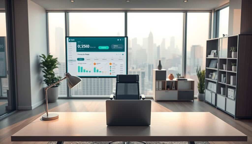 A sleek, modern home office with a clean, minimalist aesthetic. In the foreground, a minimalist, floating desk with a laptop, stylish lamp, and a potted plant. On the wall behind, a large, framed display shows the Mint finance app's dashboard, showcasing its intuitive interface and comprehensive financial insights. The middle ground features a comfortable, ergonomic office chair and a modern, modular shelving unit displaying finance-related books and decor. The background depicts a large window overlooking a cityscape, bathed in warm, natural lighting that creates a calm, productive atmosphere. The overall scene conveys a sense of organization, efficiency, and a seamless integration of technology and design for personal finance management.
