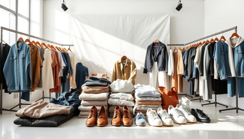 A sleek, modern product display showcasing a variety of stylish apparel items in a bright, airy studio setting. The foreground features neatly folded clothing, accessories, and shoes from popular social media influencer-friendly brands, arranged in an eye-catching composition. The middle ground depicts a clean, minimal backdrop with subtle textures and soft lighting, creating a professional, aspirational atmosphere. The background subtly suggests an editorial fashion editorial or e-commerce setting, with a neutral color palette and refined, elegant ambiance. The overall mood is one of effortless style, inspiration, and the allure of free, high-quality apparel for content creators.