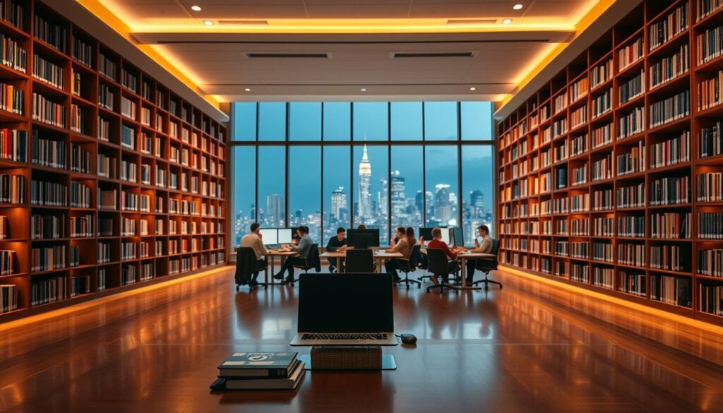 A spacious library interior with towering bookshelves lining the walls, casting warm, golden light across the polished hardwood floors. In the foreground, a stylish desk with a laptop and a stack of books sits invitingly, hinting at the wealth of online learning resources available through the LinkedIn Learning platform. The middle ground features a group of patrons engaged in self-study, their faces illuminated by the soft glow of computer screens. In the background, floor-to-ceiling windows offer a panoramic view of a bustling city skyline, underscoring the accessibility and convenience of this digital learning hub. The overall atmosphere exudes a sense of intellectual curiosity, productivity, and the promise of personal growth.