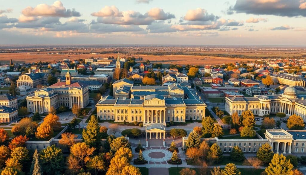 A sprawling virtual campus with a panoramic view of online course catalogs, certificates, and diplomas. The foreground features a cluster of inviting course thumbnails, each showcasing a diverse range of subjects from business and technology to arts and sciences. The middle ground is adorned with elegant academic buildings and lecture halls, bathed in warm, golden lighting that radiates a sense of opportunity and growth. In the background, a serene, cloud-dotted sky sets the stage for this digital educational oasis, conveying a mood of endless possibilities and self-improvement.