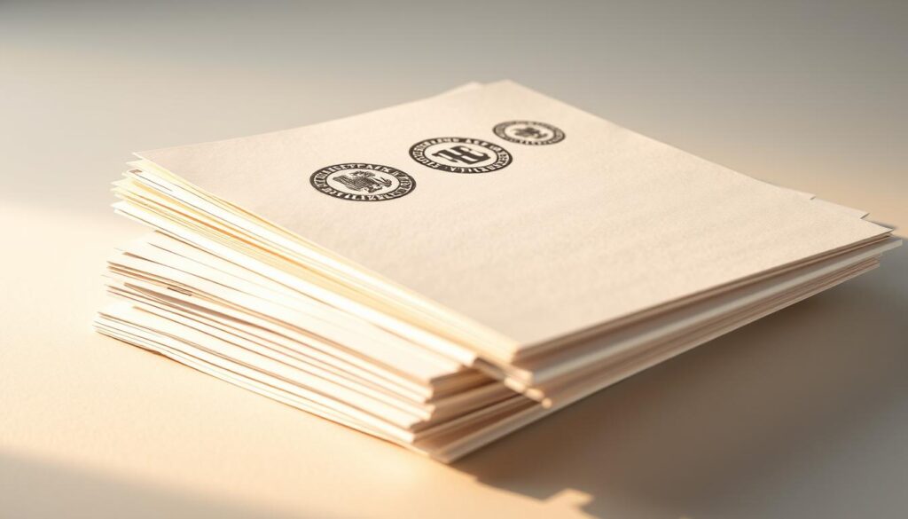 A stack of neatly organized documents, their edges crisp and their surfaces smooth. The pages are pristine, adorned with official seals and logos, conveying a sense of authority and legitimacy. The lighting is soft and diffused, casting a warm glow over the scene, drawing the viewer's eye to the important paperwork. The documents are positioned at a slight angle, creating a sense of depth and three-dimensionality. The background is neutral, allowing the documents to take center stage and command attention. The overall mood is one of professionalism and attention to detail, perfectly suited for an illustration of the "Required Documents for Application" section.