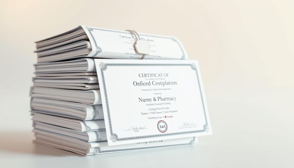 A stack of online healthcare certificates against a clean, white background, illuminated by warm, natural lighting. The certificates are neatly arranged, showcasing various medical disciplines such as nursing, pharmacy, and public health. The certificates feature official seals, logos, and accreditation details, conveying a sense of professionalism and legitimacy. The overall composition is balanced and visually appealing, highlighting the importance of recognized online healthcare education and training.