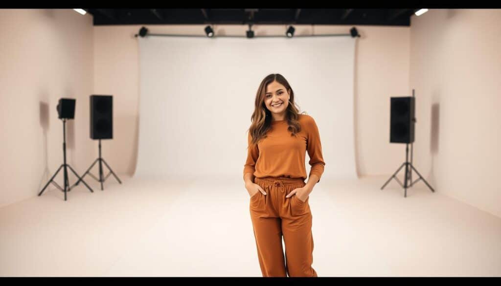 A stylish social media influencer posing confidently in a vibrant, well-lit studio setting, showcasing a fashionable outfit from Shein. The influencer stands in the foreground, their face in a warm, inviting expression, dressed in a trendy Shein top and bottoms that complement their personal style. The middle ground features a simple, minimalist backdrop, allowing the influencer and the clothing to take center stage. The lighting is soft and flattering, creating a professional, high-quality aesthetic. The overall mood is one of confidence, authenticity, and the effortless presentation of Shein's free apparel options for content creators.
