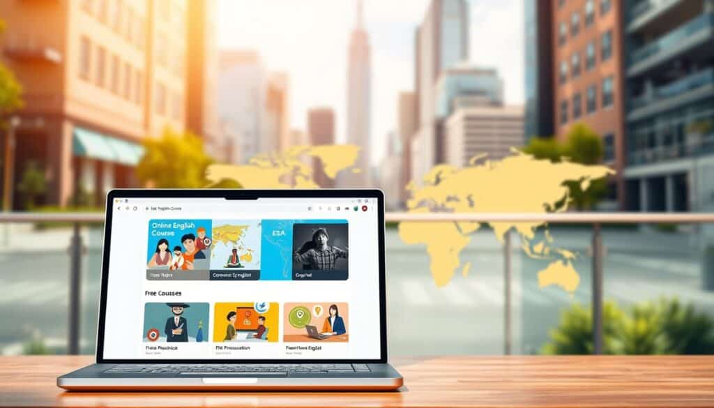 A sunny, welcoming scene of a modern, sleek website interface showcasing various online English course options. The foreground features a stylized laptop with an array of course tiles, each highlighting different topics like ESL, pronunciation, and business English. The middle ground depicts a vibrant world map, signifying the global reach of these free courses. In the background, a soft, blurred cityscape evokes the urban vibe of the USA, complemented by a warm, inviting color palette. The overall composition conveys a sense of accessibility, opportunity, and the convenience of learning English online from anywhere.