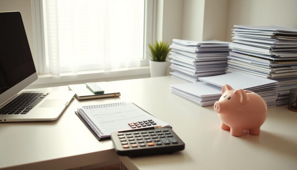 A tidy, organized home office with a minimalist desk, laptop, and stacks of neatly arranged paperwork. Soft, diffused lighting from a window casts a warm glow, creating a sense of focus and productivity. On the desk, a budget planner, calculator, and a piggy bank sit as visual cues for responsible financial management. The atmosphere is calm and serene, conveying the idea of discipline, control, and sticking to a well-crafted budget.