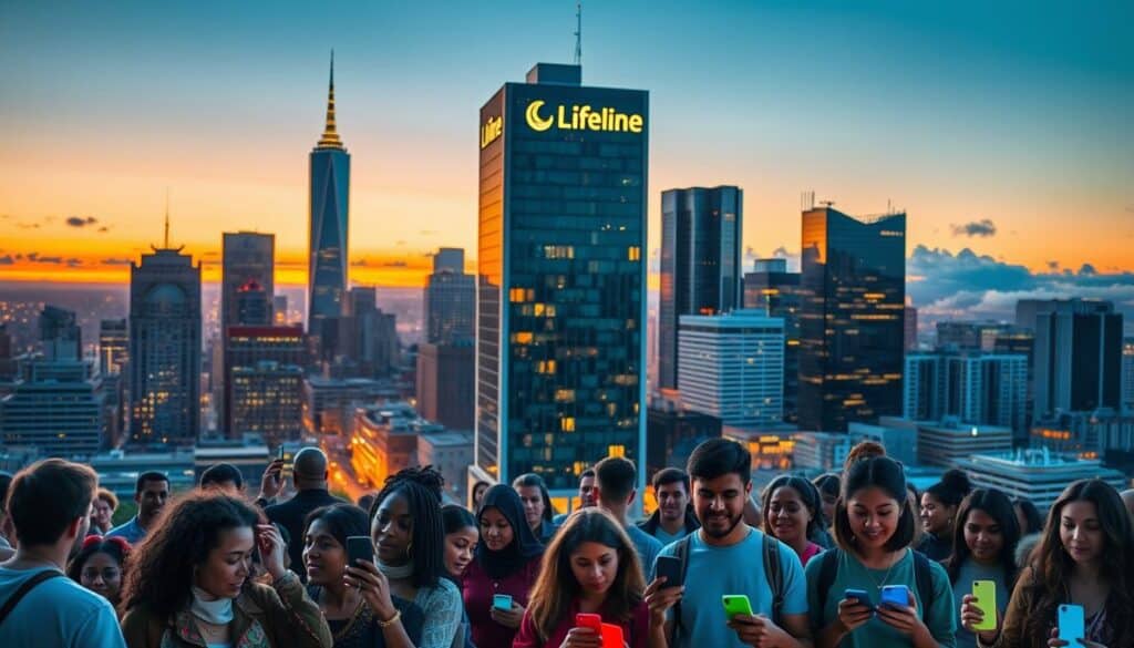 A vibrant cityscape at dusk, with a modern high-rise building in the center, its facade adorned with the Lifeline logo. The foreground features a diverse group of people, some holding smartphones, others carrying colorful free phones provided by the Lifeline program. Warm lighting illuminates the scene, creating a sense of hope and community. In the background, a skyline of skyscrapers and billowing clouds hints at the program's nationwide reach. The image conveys the evolution of the Lifeline initiative, adapting to the technological advancements of 2025 and empowering underserved communities with access to essential communication tools.