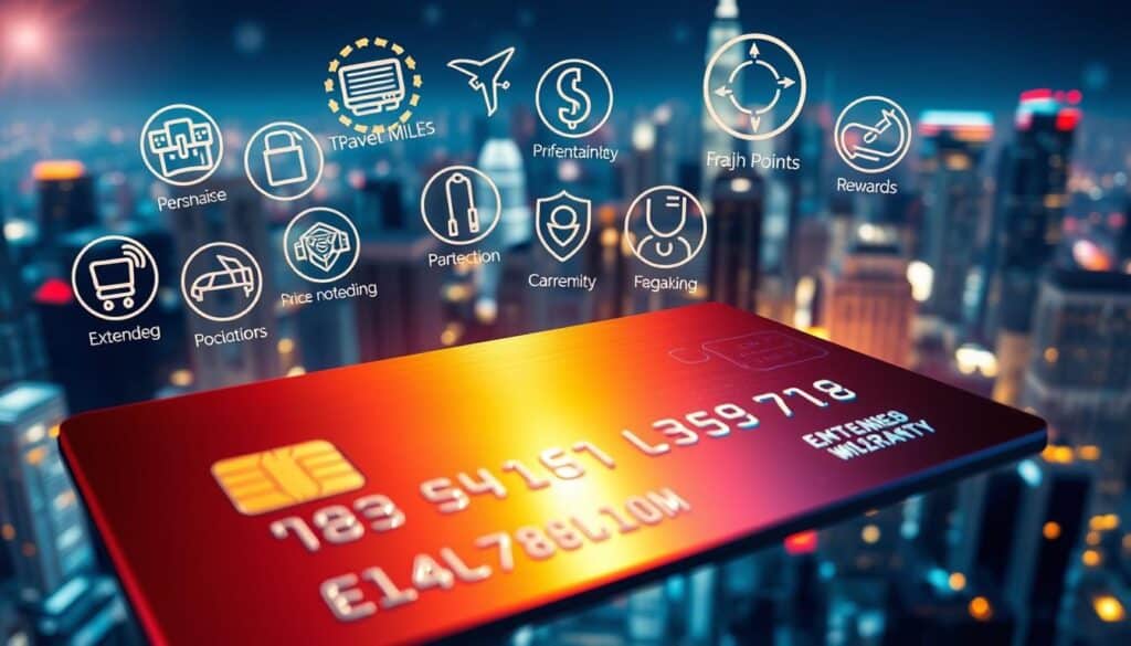 A vibrant, dynamic scene of credit card perks and rewards. In the foreground, a sleek metal credit card with a glossy finish, its surface reflecting dazzling light. Surrounding it, an array of rewards icons - cash back, travel miles, and loyalty points, each rendered in crisp, colorful detail. In the middle ground, a tapestry of purchase benefits unfurls - extended warranties, price protection, and fraud monitoring. The background is a dreamlike cityscape, skyscrapers and twinkling lights hinting at the global reach and financial power of the credit card ecosystem. The overall mood is one of sophistication, luxury, and the promise of exclusive privileges for the cardholder.