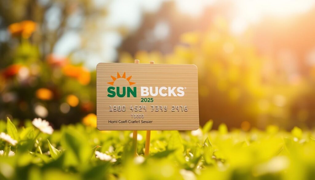 A vibrant summer landscape, bathed in warm sunlight, with a central focus on a modern EBT (Electronic Benefits Transfer) card design prominently displayed. The card features the "SUN Bucks 2025" logo, conveying the program's purpose of providing additional grocery assistance during the summer months when school is not in session. The foreground is crisp and detailed, with the card's metallic finish and subtle textures clearly visible. The middle ground features a soft, blurred background of lush greenery, evocative of a thriving outdoor setting. The overall composition and lighting create a sense of positivity and accessibility, inviting the viewer to imagine the program's impact on families in need during the summer season.